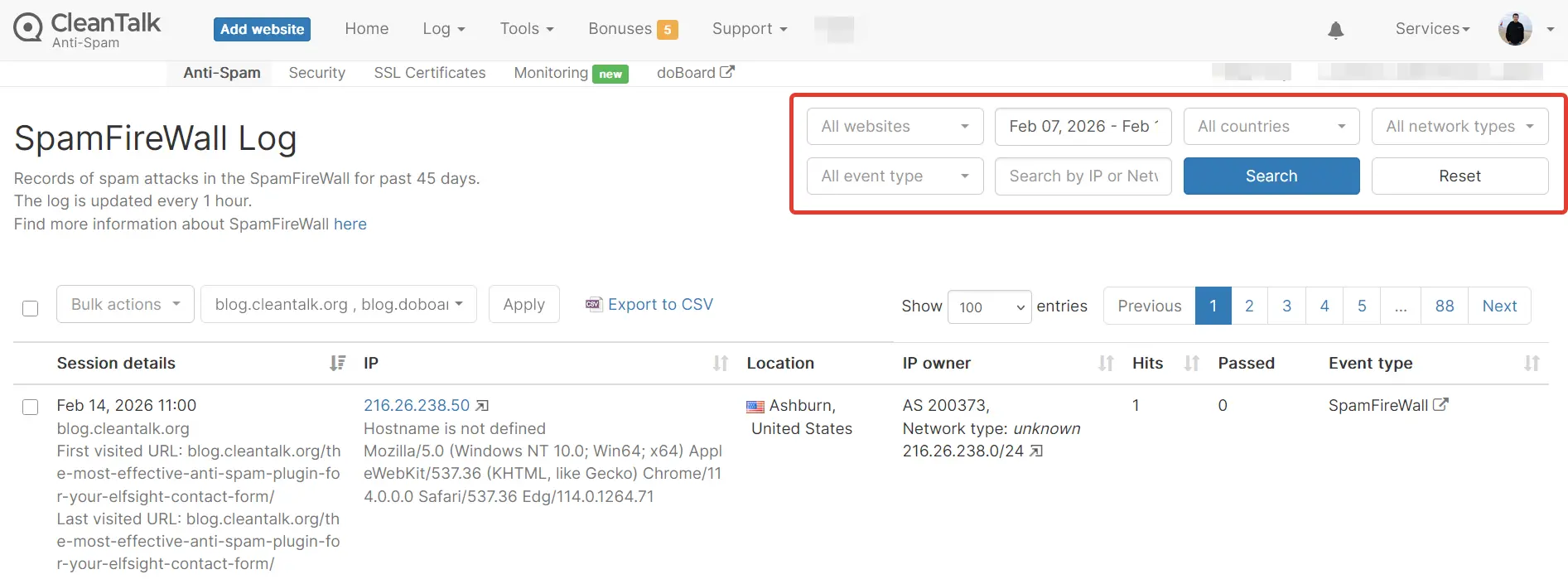 CleanTalk SpamFireWall log CleanTalk SpamFireWall Log Filters