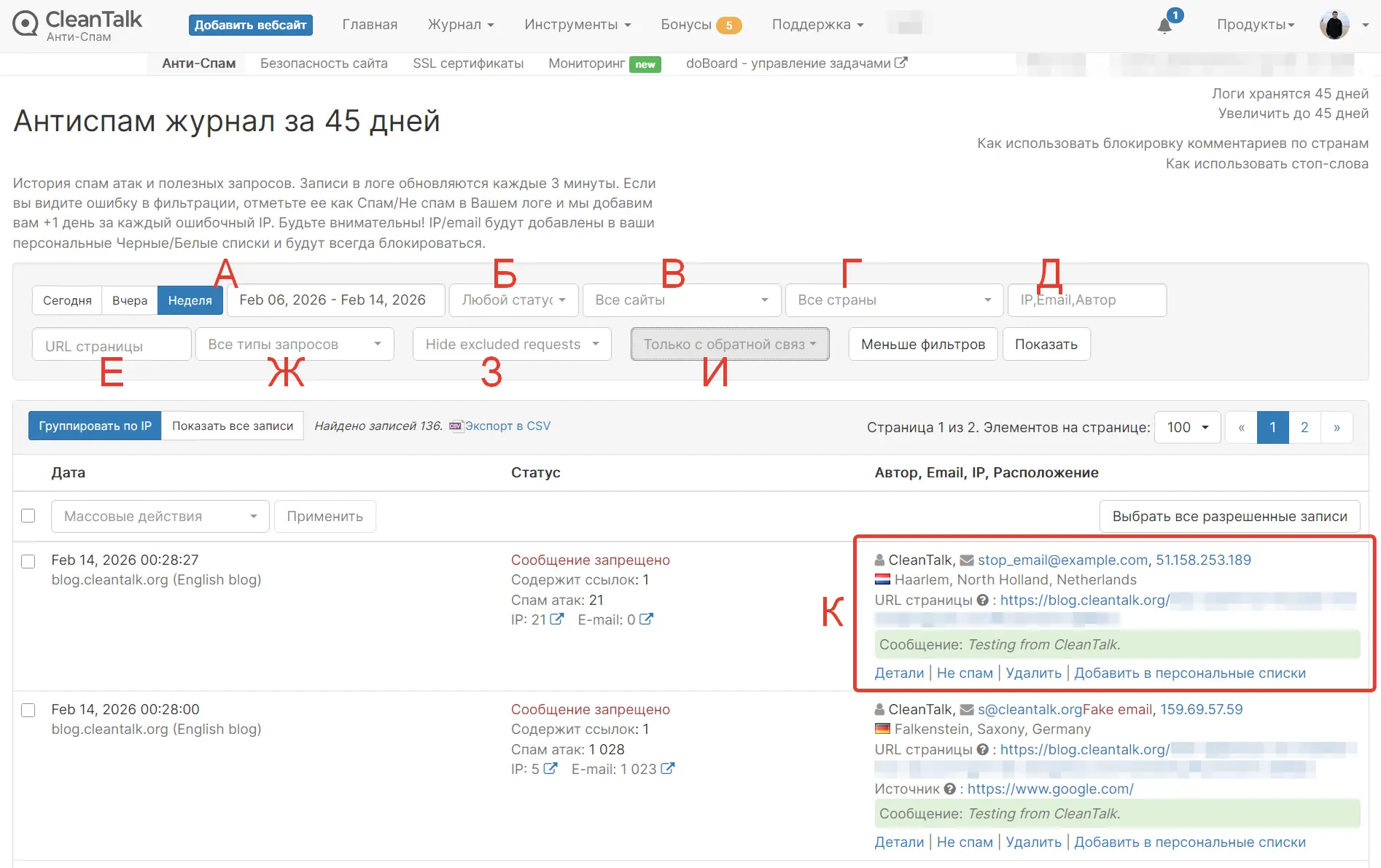 Анти-Спам Журнал CleanTalk