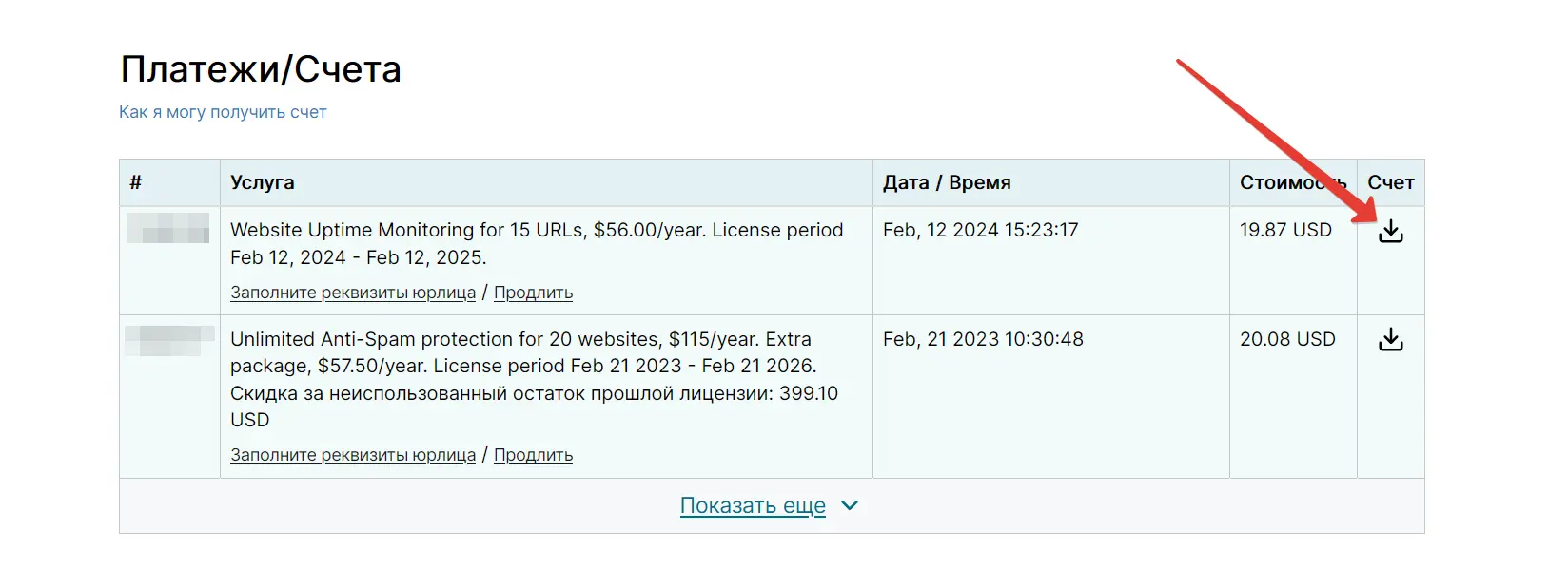 Счёт в панели управления