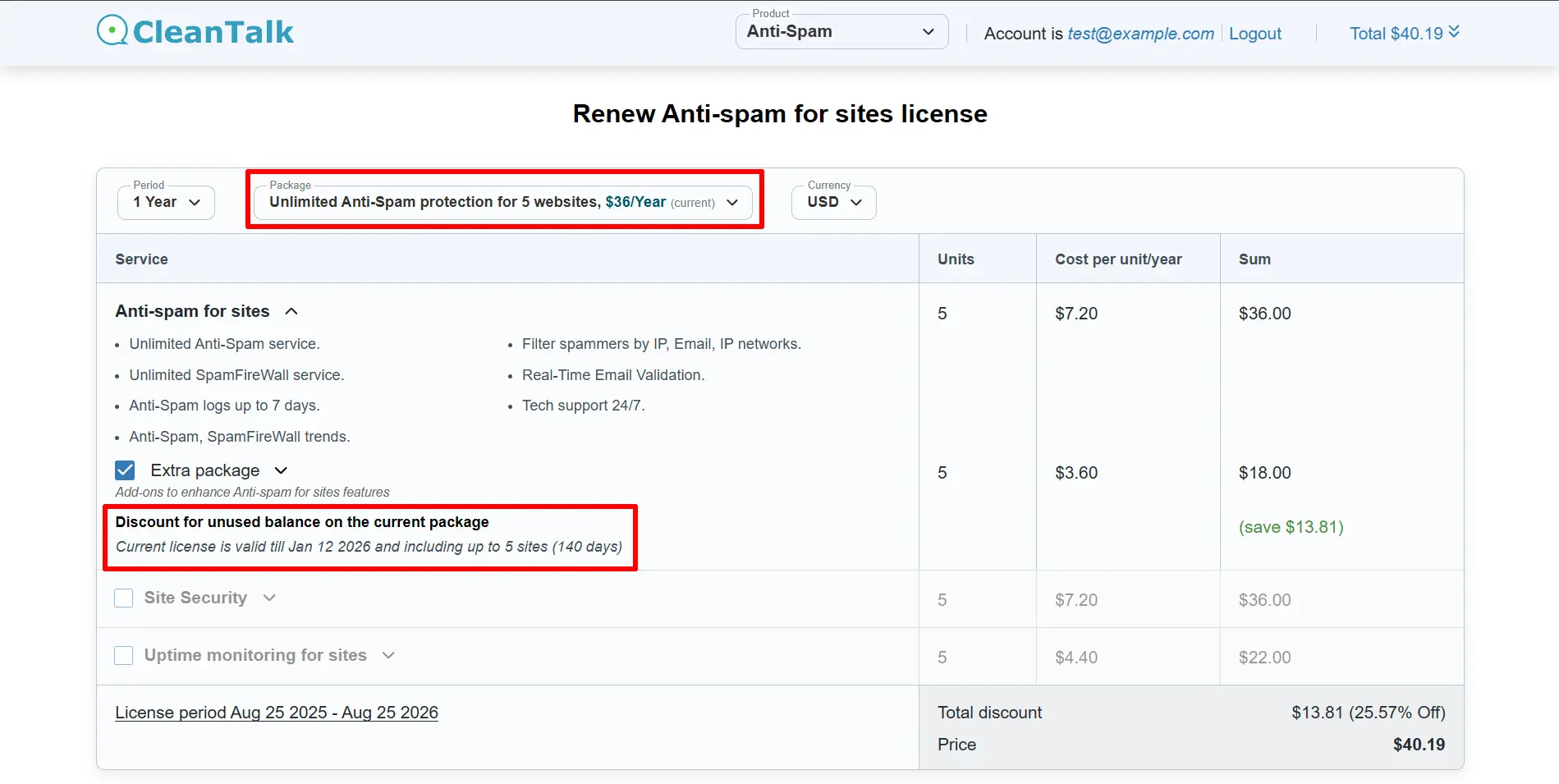 Package and discount on the checkout page