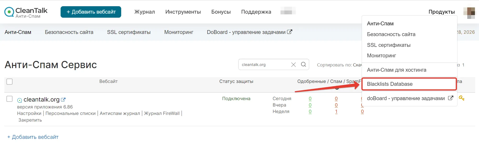 Панель Управления Blacklist Database