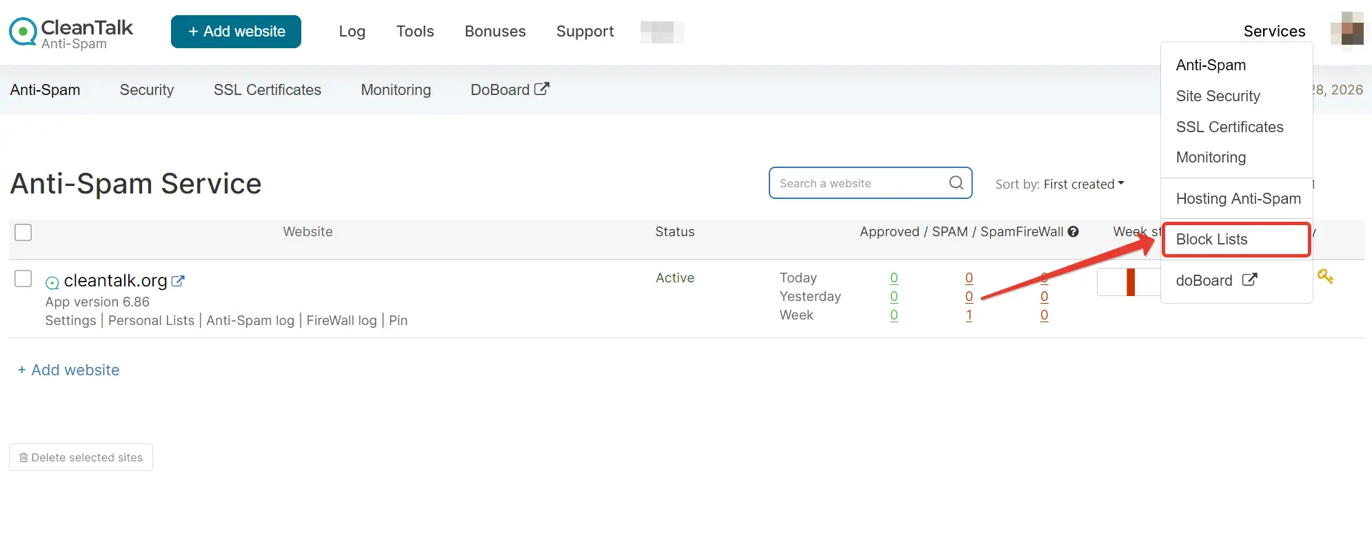 CleanTalk Black Lists Database Dashboard API dashboard CleanTalk Black Lists Database