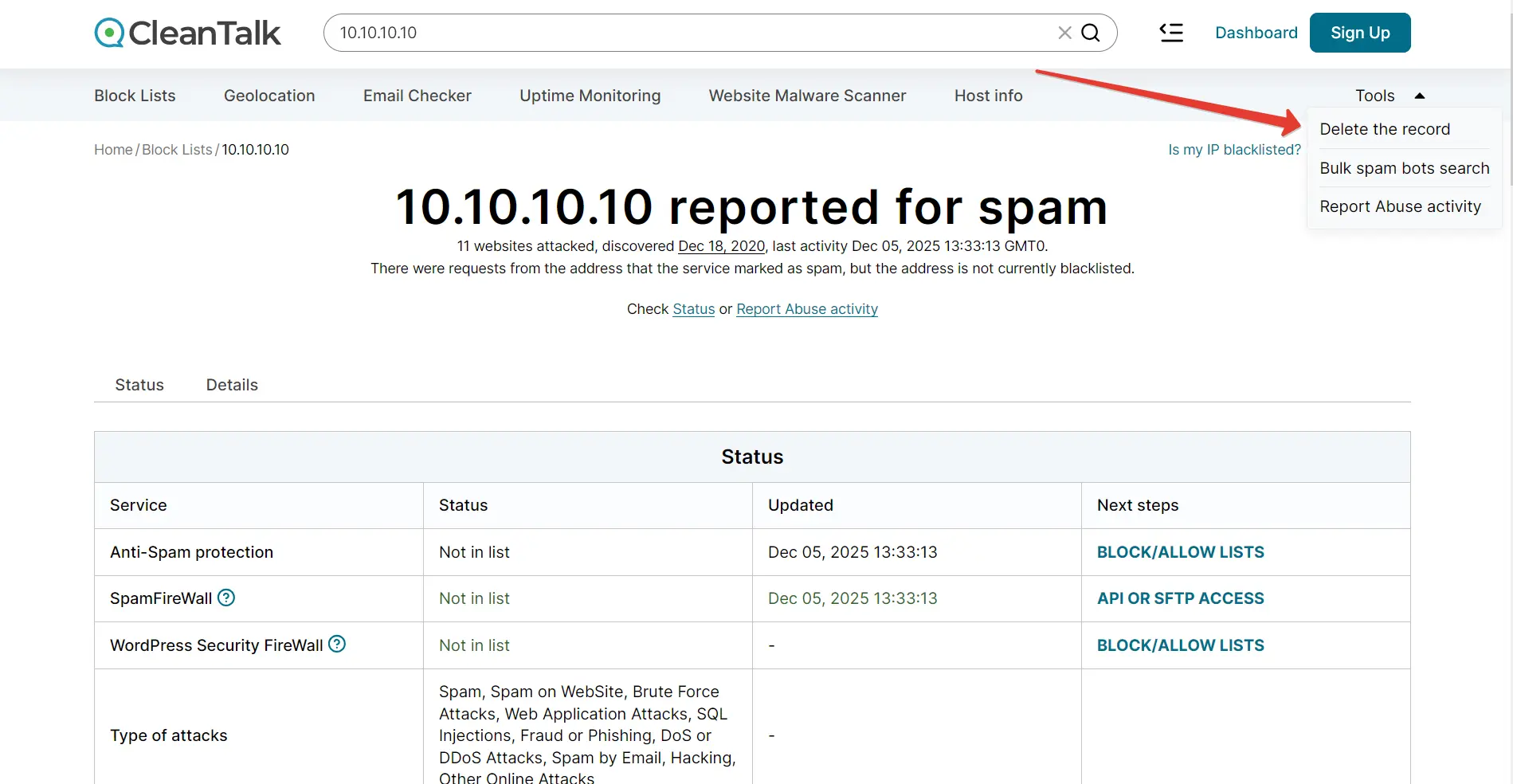 deletion of IP addresses and email addresses from the CleanTalk Database