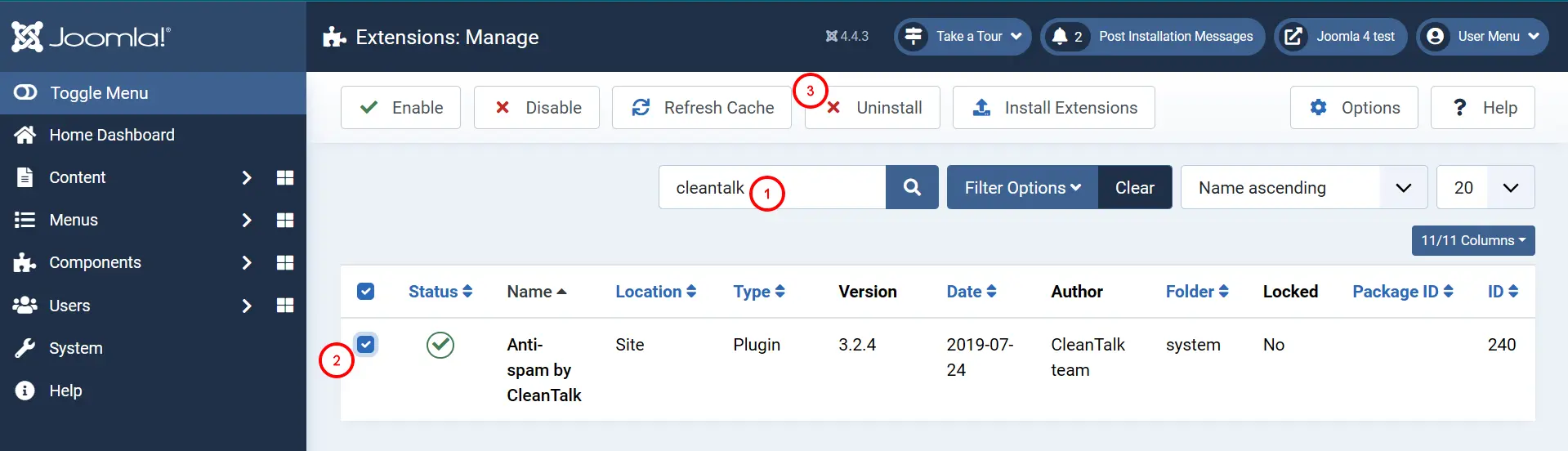 Joomla 4 Anti-Spam plugin uninstall