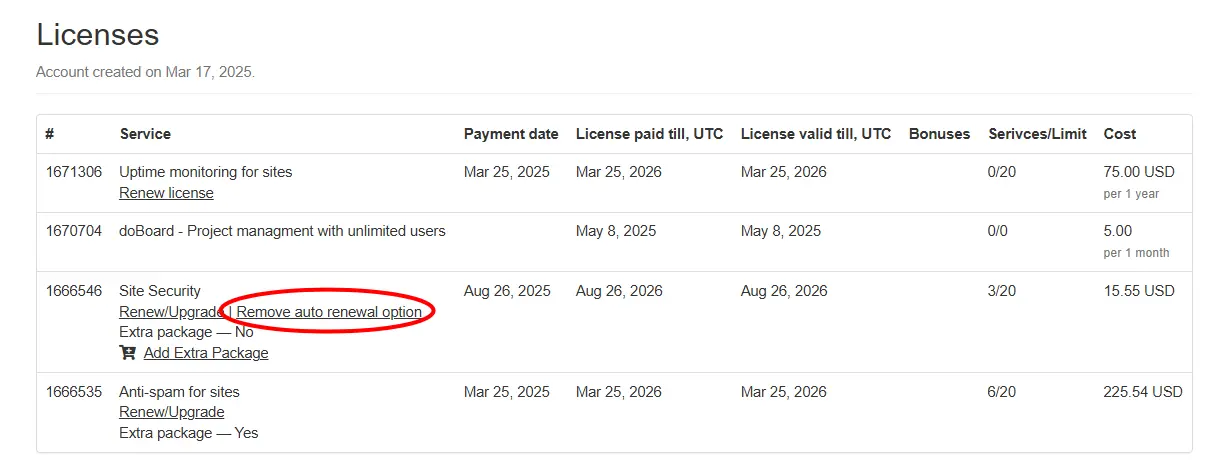 CleanTalk licenses page