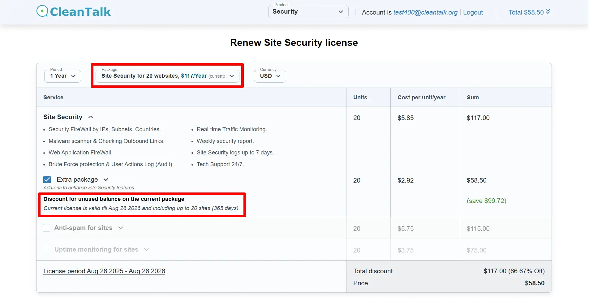 Package and discount on the checkout page