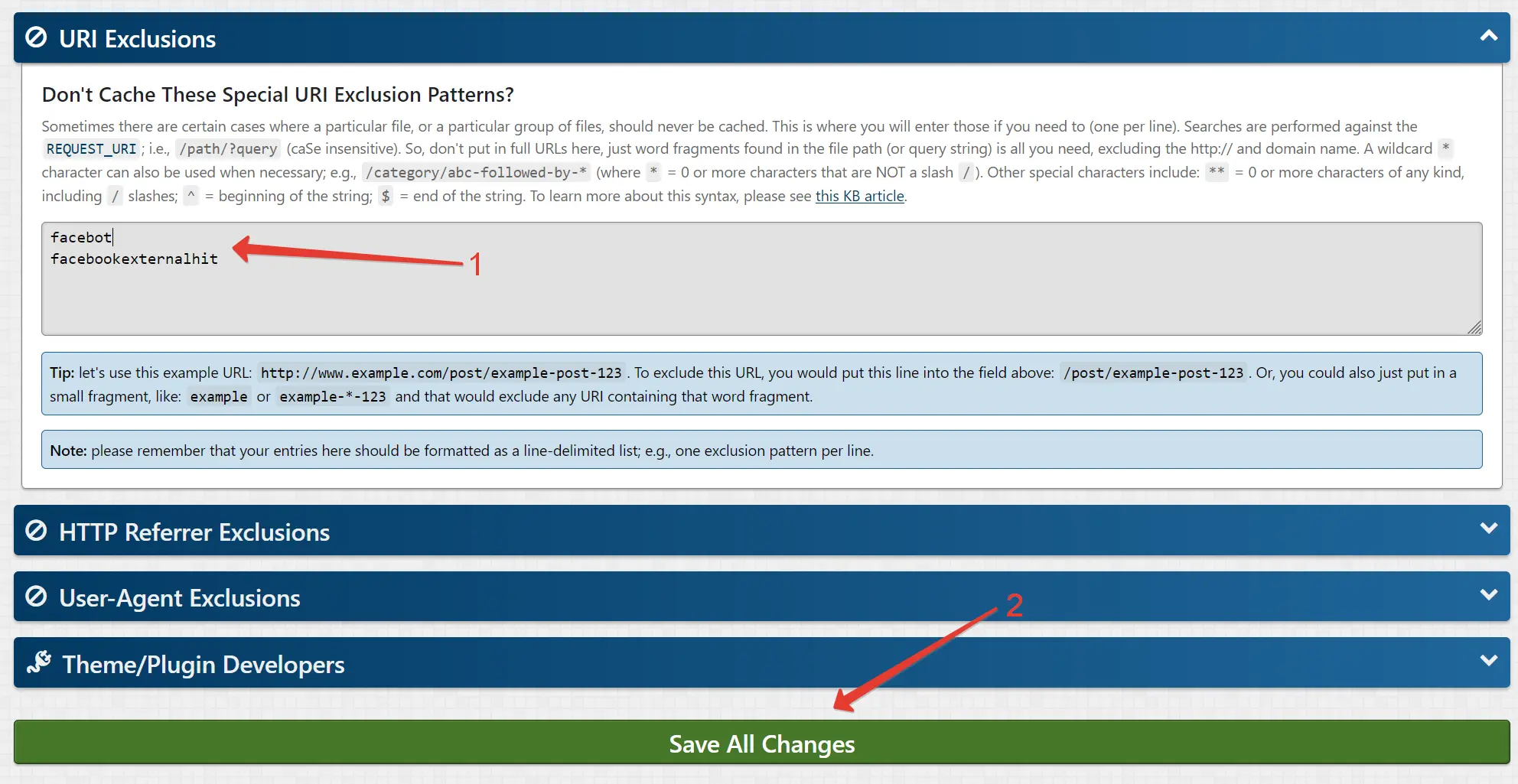 URL Exclusions in Comet Cache
