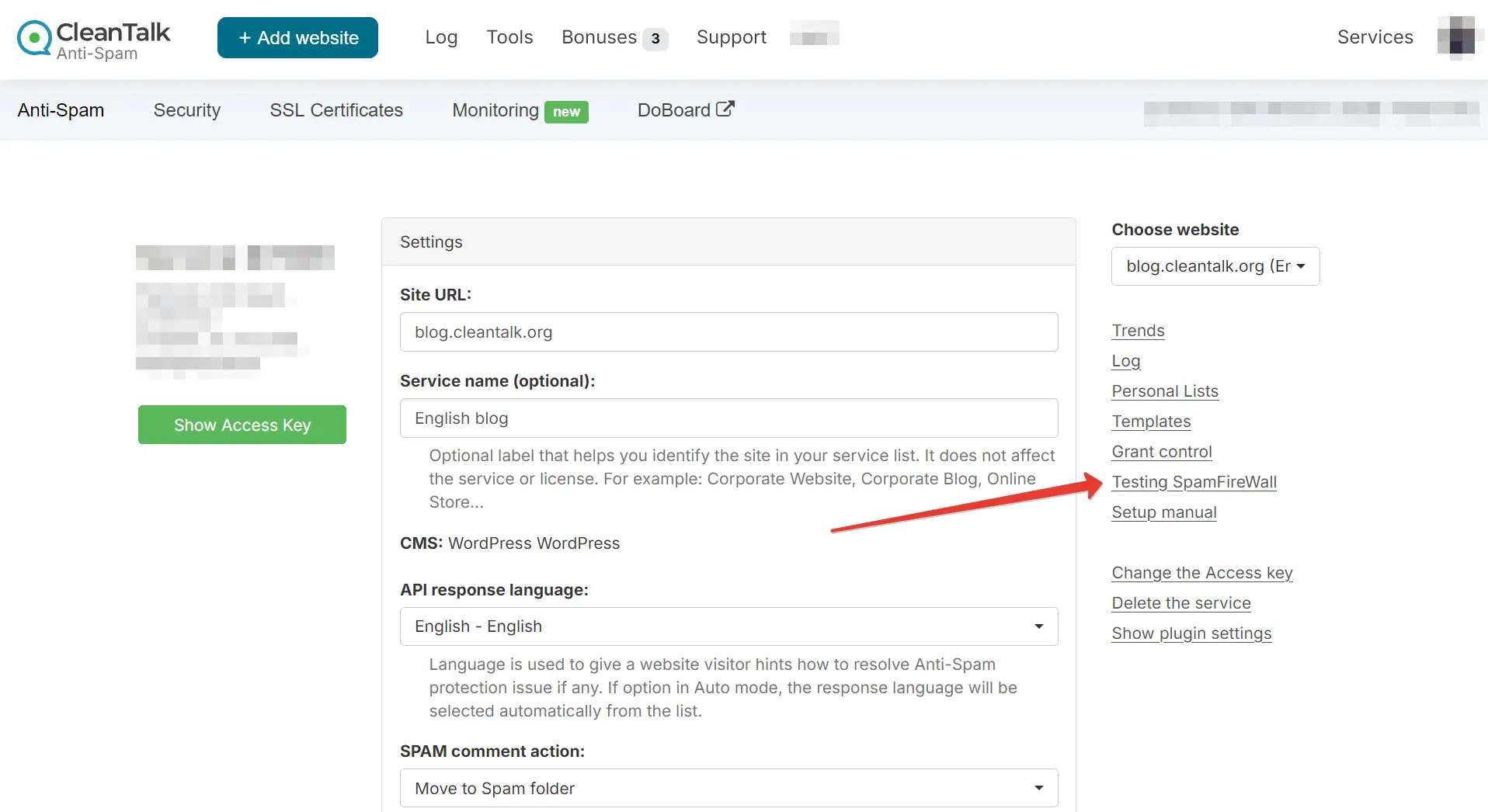 SpamFireWall Testing Option