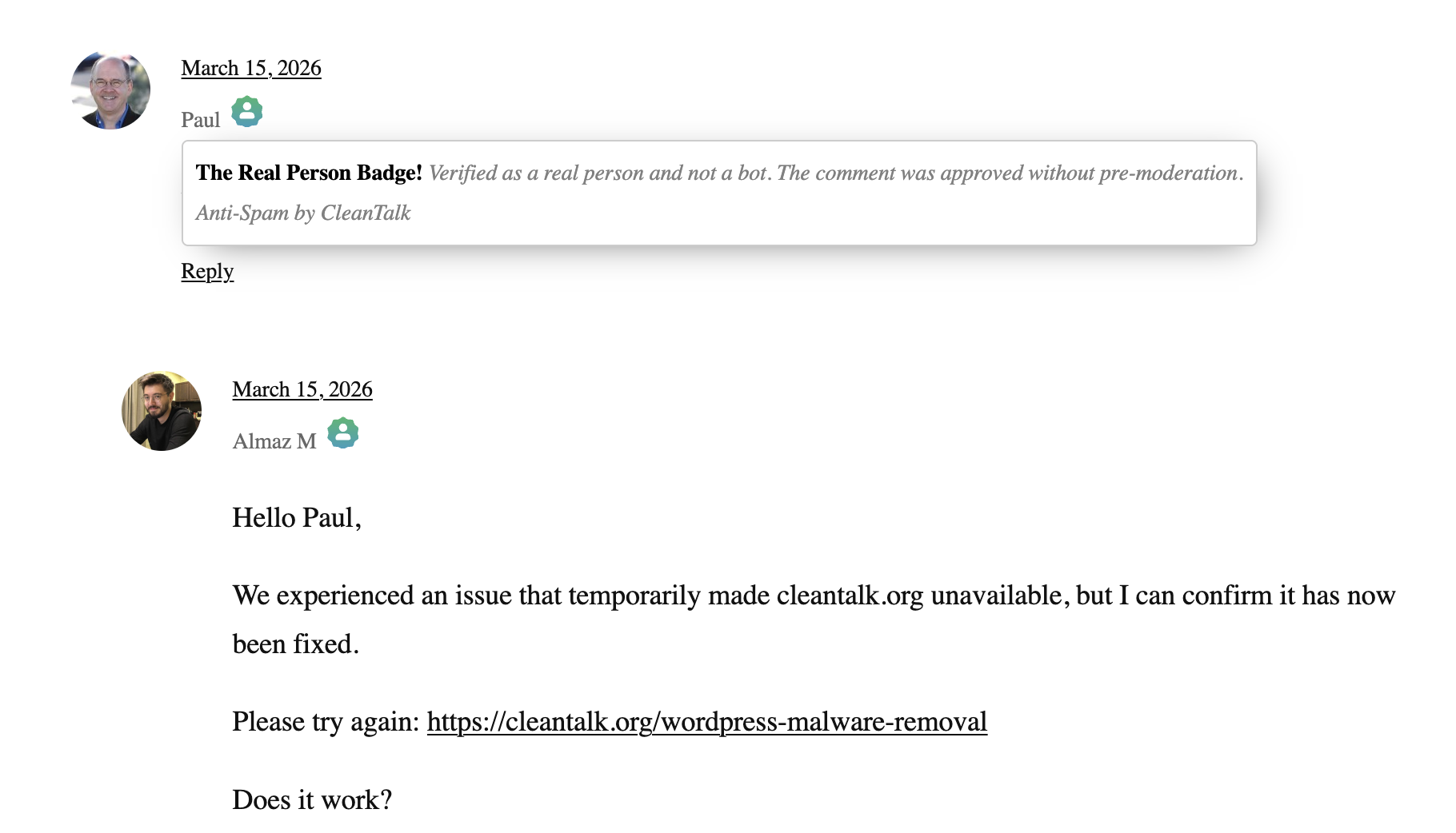the real person badge tooltip popup CleanTalk