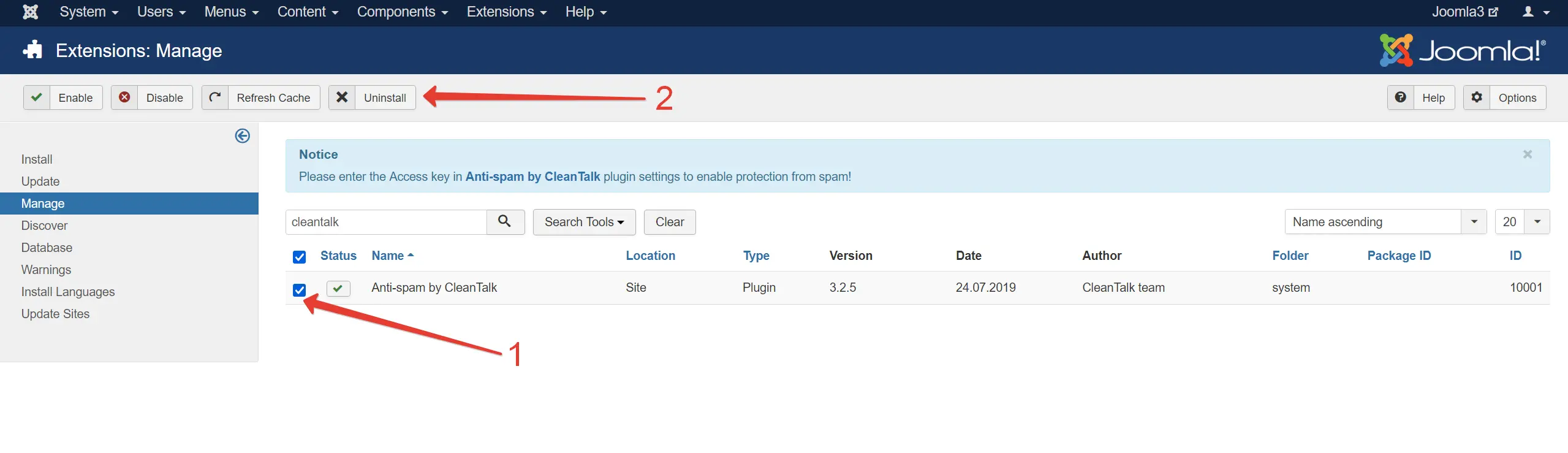 Joomla 3 Anti-Spam plugin uninstall