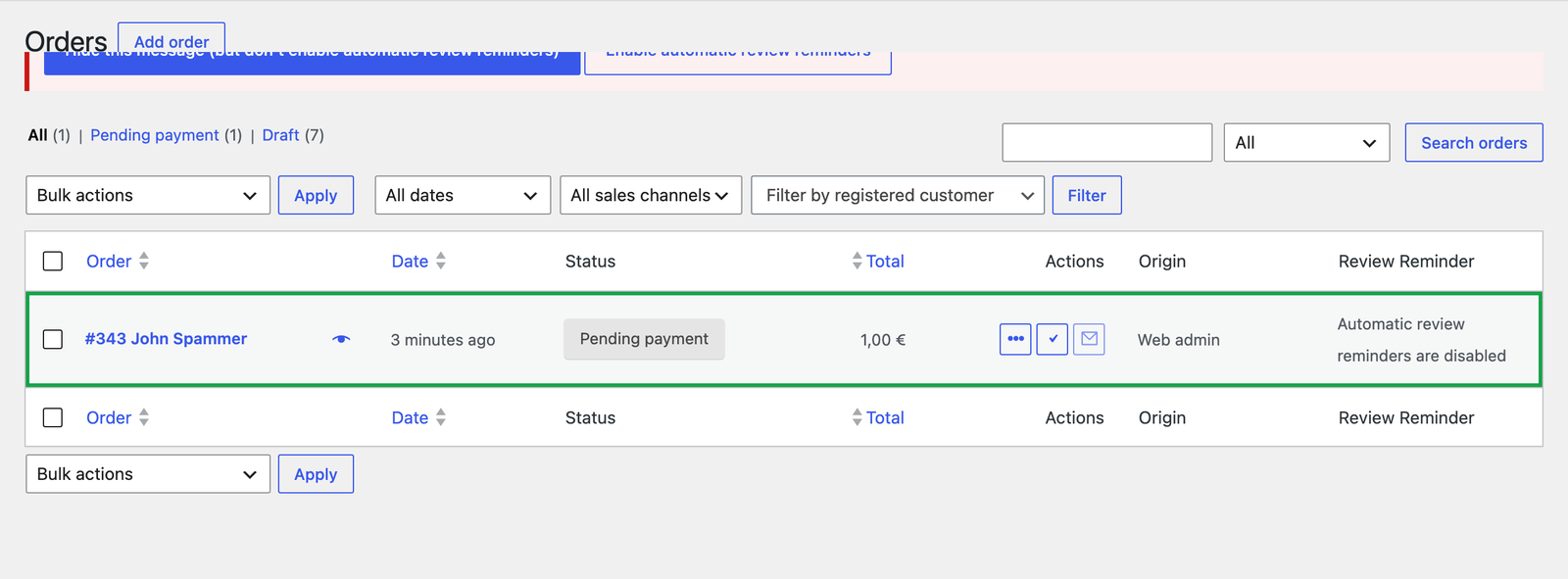 Restored order in the WooCommerce Orders list