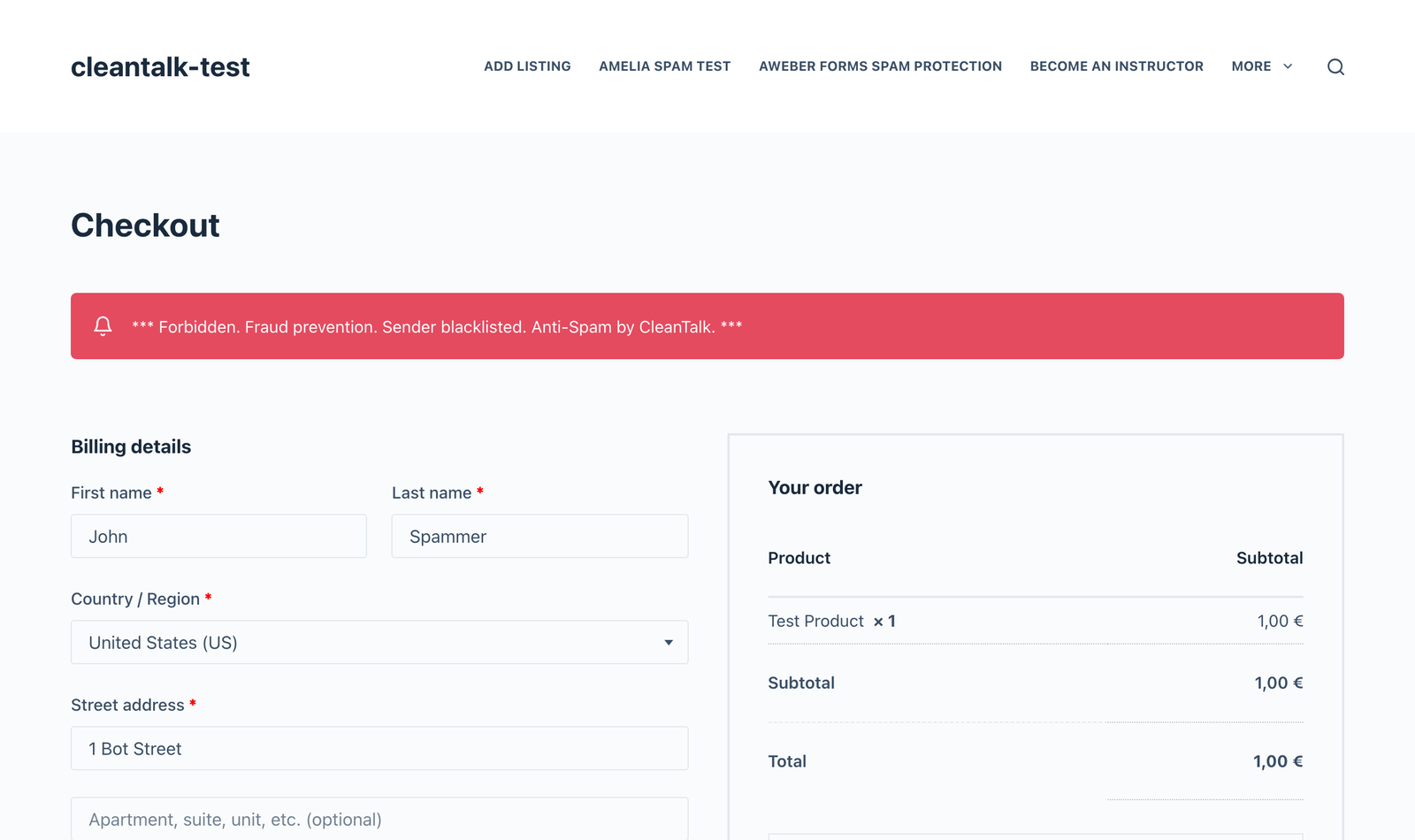 Spam order blocked at the WooCommerce checkout by CleanTalk Anti-Spam