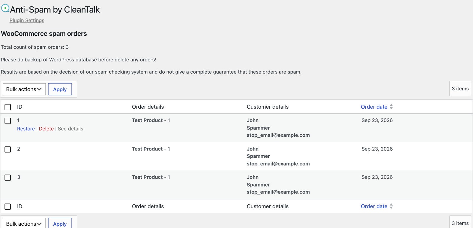 WooCommerce spam orders page with blocked orders