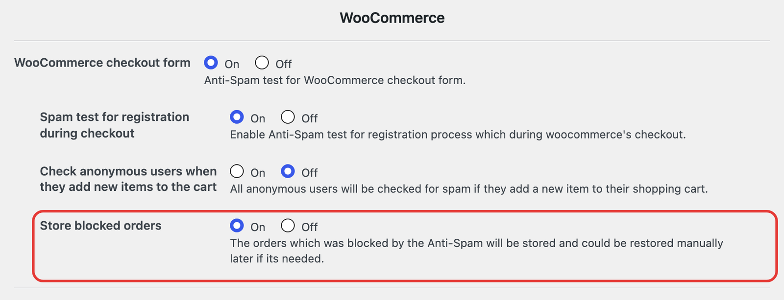 Store blocked orders option in the CleanTalk Anti-Spam settings